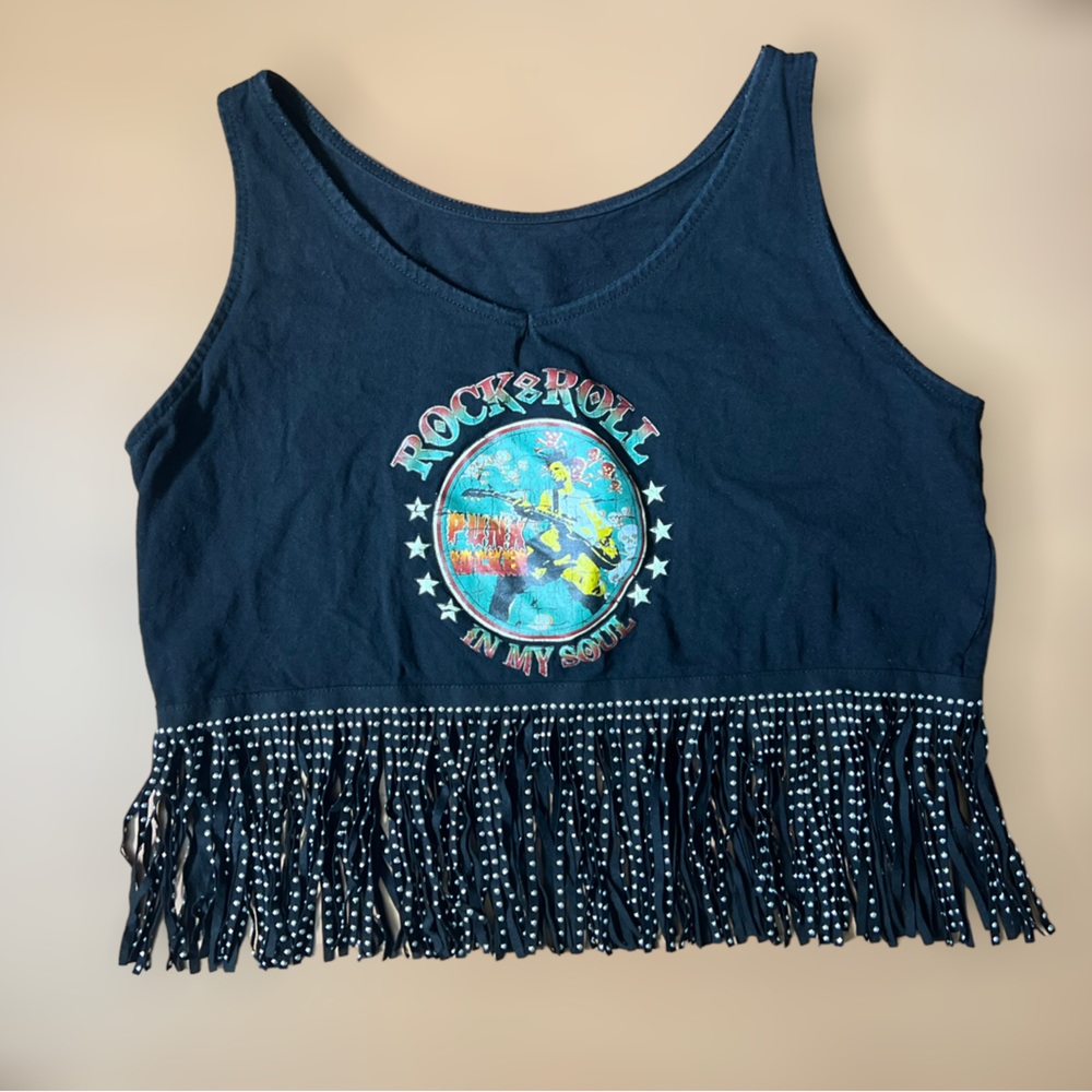 SHEIN Rock & Roll In My Soul Black Graphic Tank Top with Fringe Hem Size S